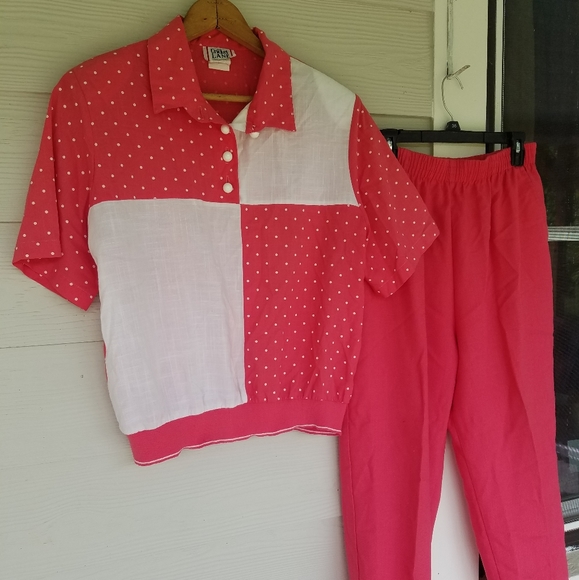 Vintage 80s Aesthetic 2 Piece Track/Walking Set Hot Pink White Polka Dots USA - Picture 3 of 16